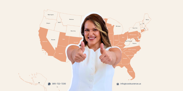 Mapa de Estados Unidos con los estados donde Coolsurance ofrece cobertura, junto a una foto de Gabriela Sánchez y su información de contacto.
